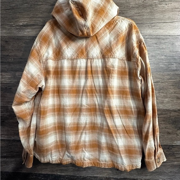 Maurices Brown and Cream Plaid Flannel Button Down Hooded Shirt - Picture 2 of 7